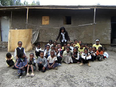 Almaz and some of the orphans outside the grade 3 classroom in Dukem