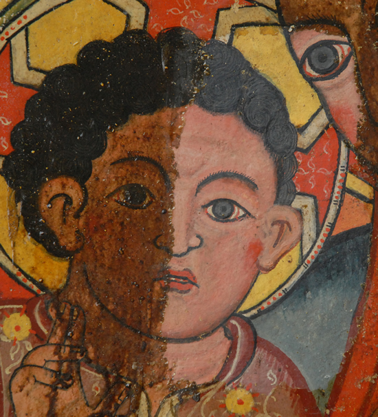 Part of the central panel of the 15th century Icon of Mary at the Monastery of Saint Stephen, Lake Hayq, during cleaning